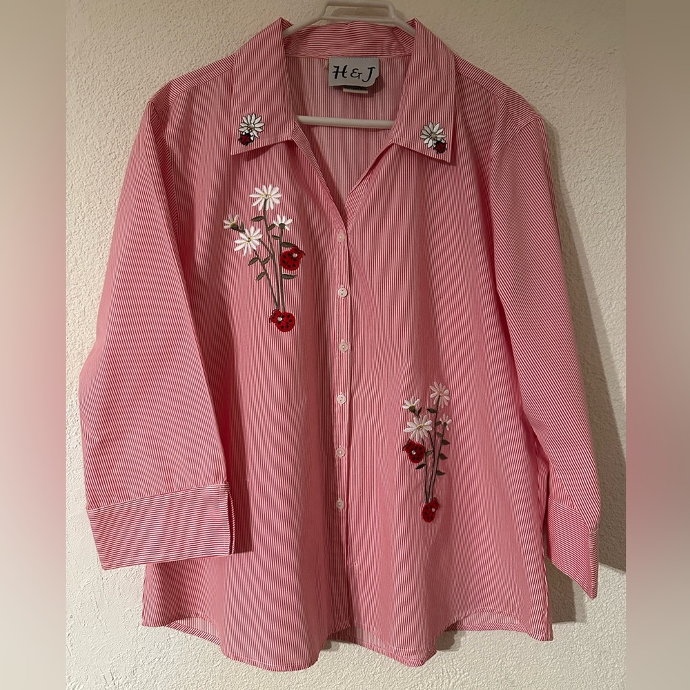 H&J Button Up Shirt Women Pink/White Pinstripe 100% Cotton Flower Detail VTG XL